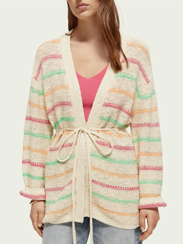 machine washable women cardigan for easy careStriped Belted Cardigan In Natural