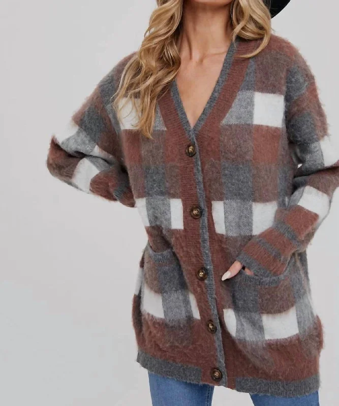 cropped women cardigan to pair with high - waisted jeansTartan Plaid Print Cardigan In Brown Multi
