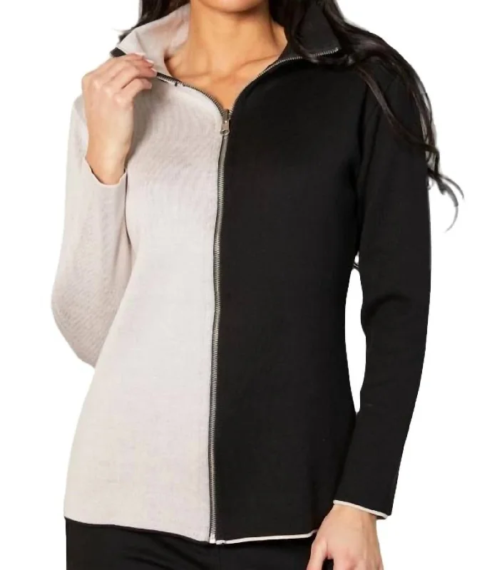 ribbed women cardigan with a classic textureZip Cardigan In Black/stone