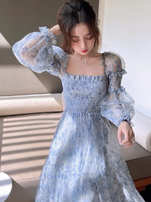 Sixsr Summer Lace Elegant Midi Dress Women Puff Sleeve Square Collar Boho Beach Floral Dress Female Party One Piece Dress Korean