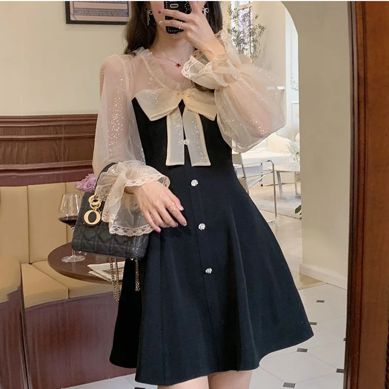 Elegant Mini Party Dress Women Casual Bow Lace Long Sleeve Black Vintage Dress Bow Sexy One Piece Dress Korean Spring Chic