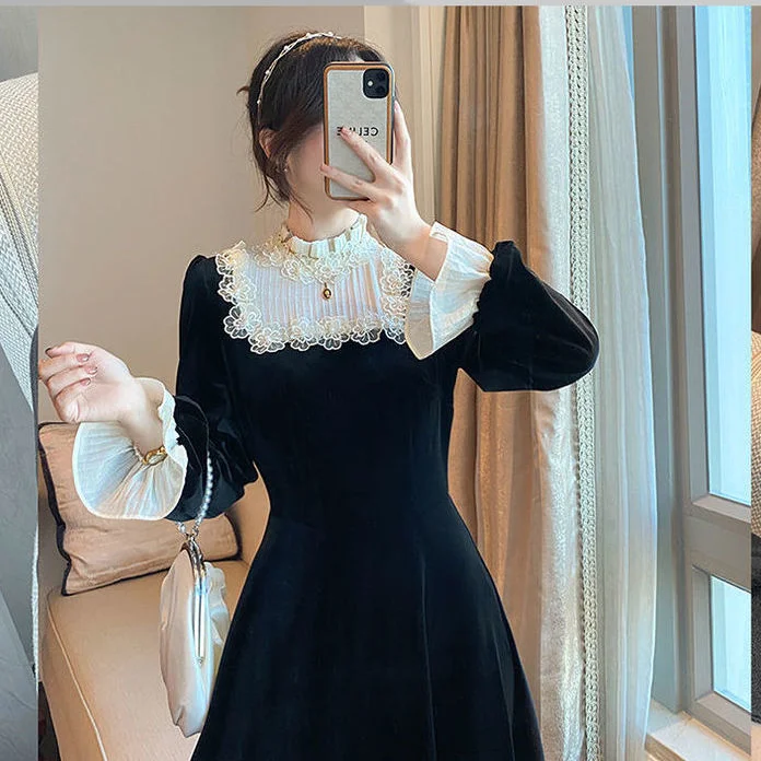 French Retro Black Midi Dress Women Elegant One Piece Dress Korean Spring SLim Lace Evening Party Velvet Dress Female Cute