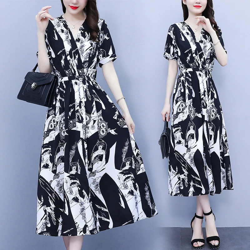 NiDELL One Piece Dropshipping Improved Short-Sleeved Dress . Summer Printed Waist-Controlled Lace-up Loose Pockets V-neck Long Dress