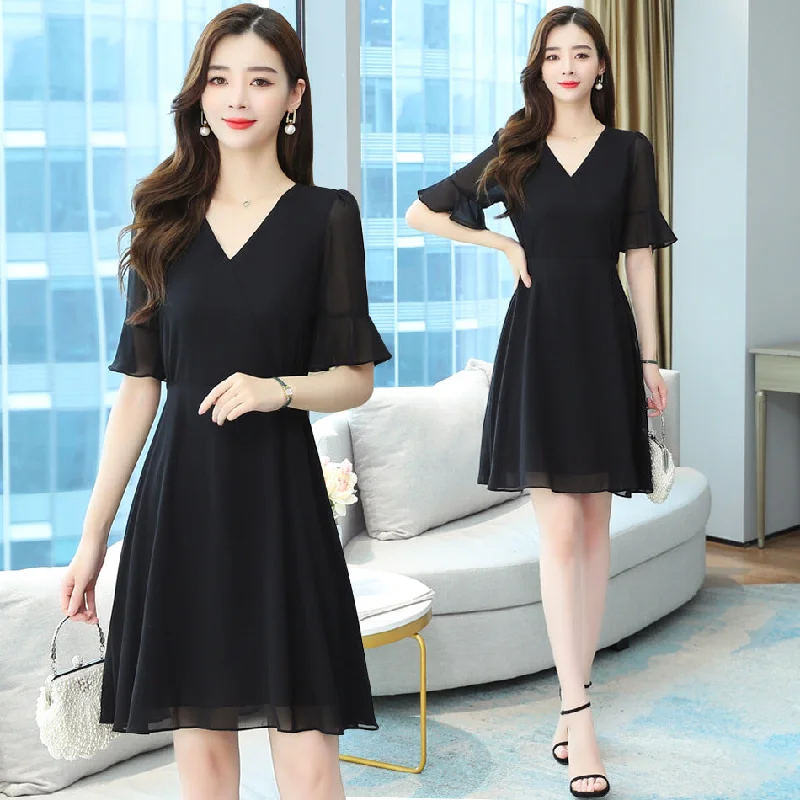 NiDELL One Piece Dropshipping Summer New Chiffon Dress Simple Slim-Fit Figure Flattering Temperament Dress Vintage Hepburn Black Dress