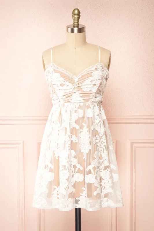 Ganna | Short White Mesh Dress w/ Floral Embroidery