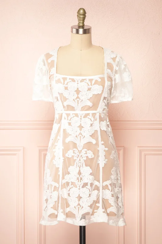 Hansa | Short White Mesh Dress w/ Floral Embroidery