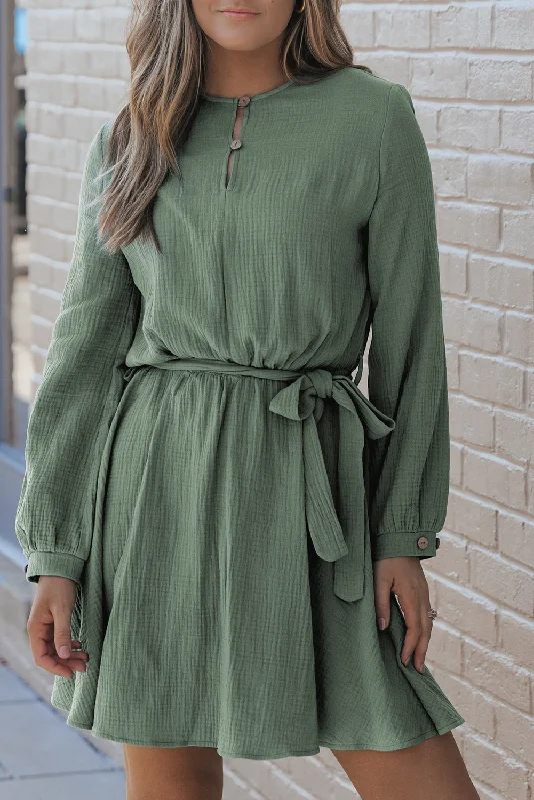 Gauze Puff Sleeve Belted Dress