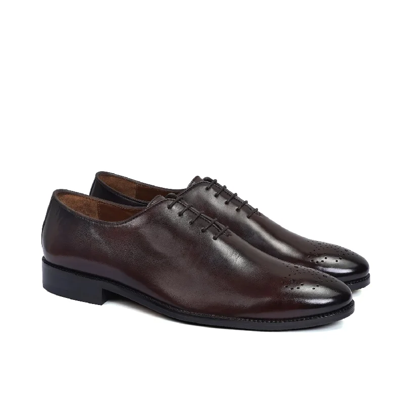 Whole Cut/One Piece Medallion Toe Dark Brown Oxford Lace-up Shoe