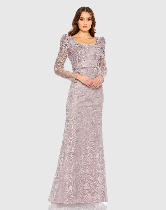 Purple Embroidered Lace Applique Shoulder Detail Trumpet Gown