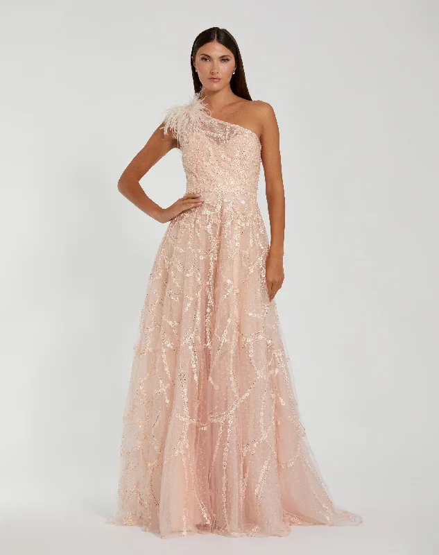 Light Pink Embellished One Shoulder A Line Gown