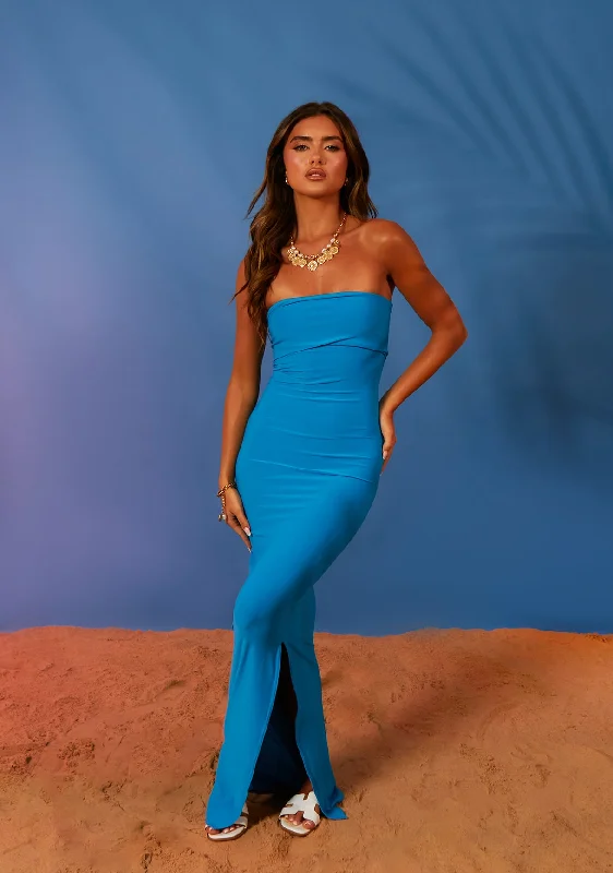 Alison Blue Fold Down Bandeau Maxi Dress