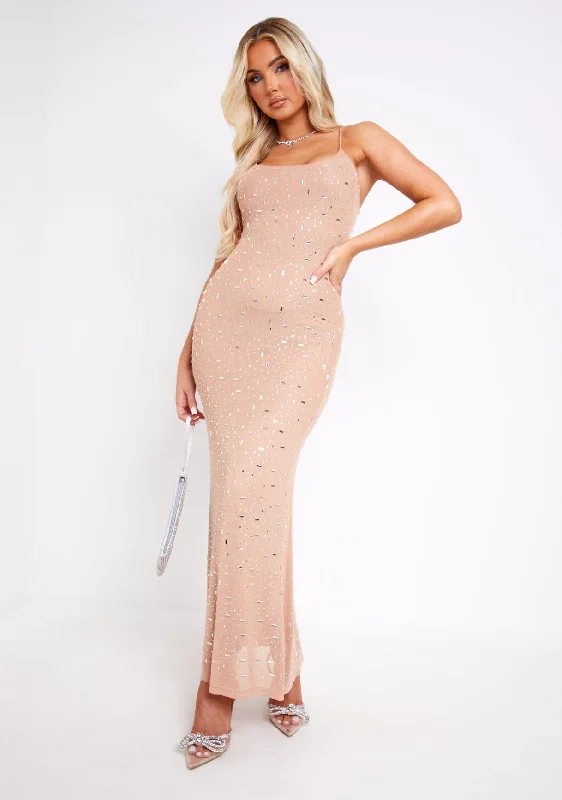 Louisa Nude Rhinestone Embellished Mesh Maxi Dress