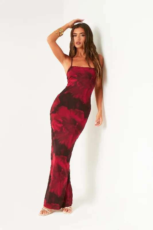 Nina Red Multi Colour Printed Maxi Dress