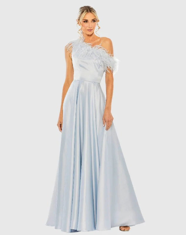 One Shoulder A Line Gown With Feather Detail