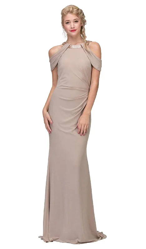 Eureka Fashion - Embellished Jewel Neck Satin Sheath Evening Dress