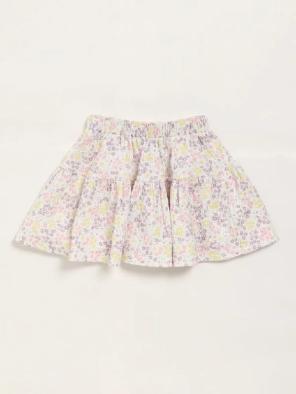 HOP Kids Floral Print White Pleated Skirt