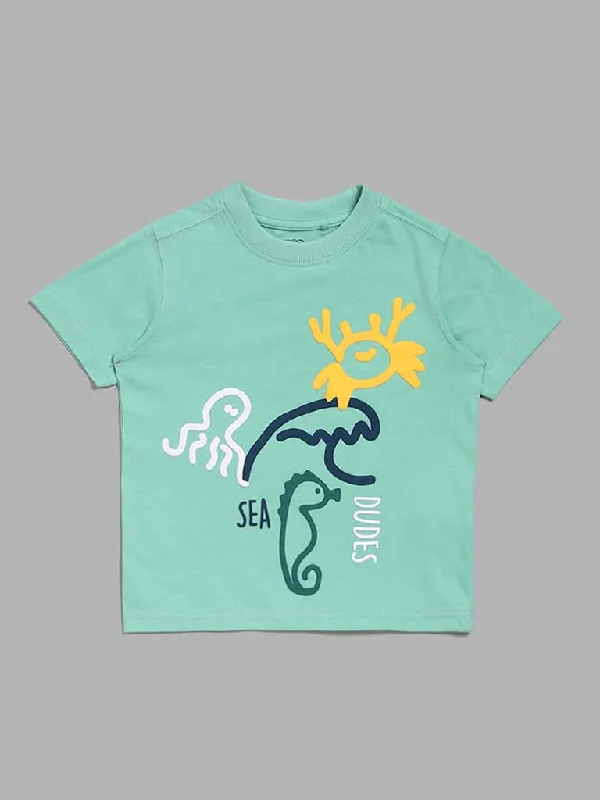 HOP Kids Sea Animal Printed Green T-Shirt