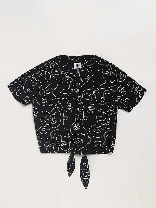 Y&F Kids Black Printed Tie-Up Shirt