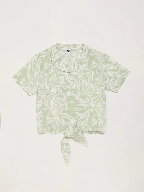 Y&F Kids Green Printed Tie-Up Shirt