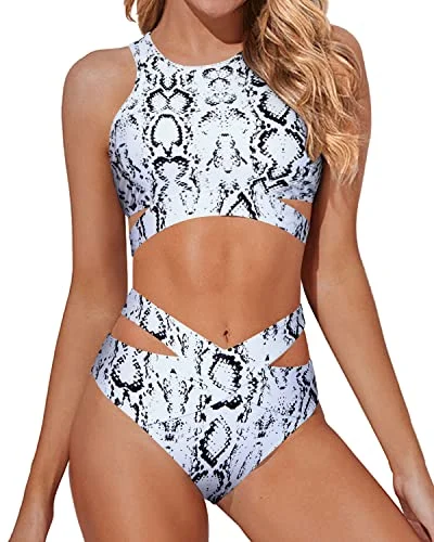 Sexy Adjustable Tie Waist Bottom Two Piece High Neck Bikini Set-Snake Print