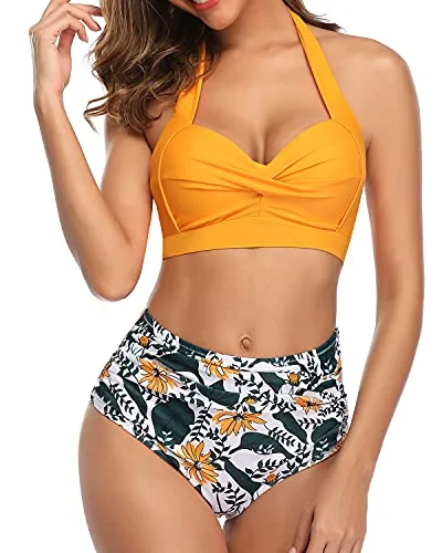 Stylish Highwaist Bikini Padded Push Up Bra Bathing Suit-Yellow Floral