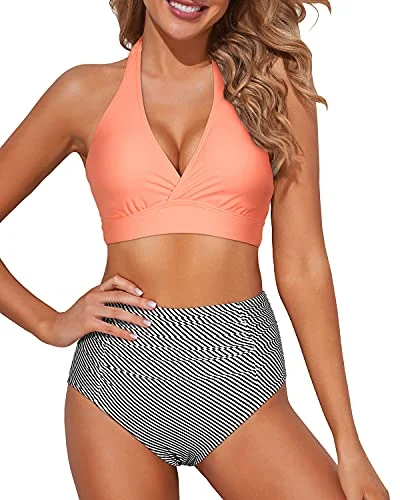 Tummy Control Two Piece High Waisted Bikini Set-Coral Pink Stripe